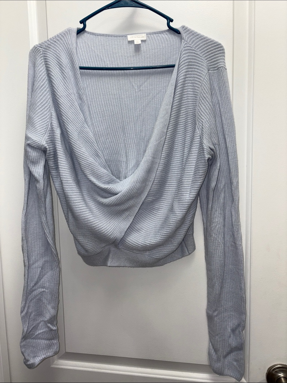 LYR by Splendid Cashmere Blend Rib Knit Wrap Sweater Blue Draped Surplice Top L - Picture 2 of 7